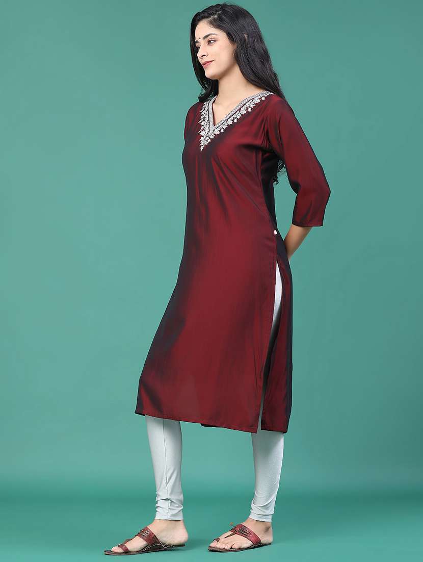 women solid with work v neck kurta legging set - 22035680 -  Standard Image - 4