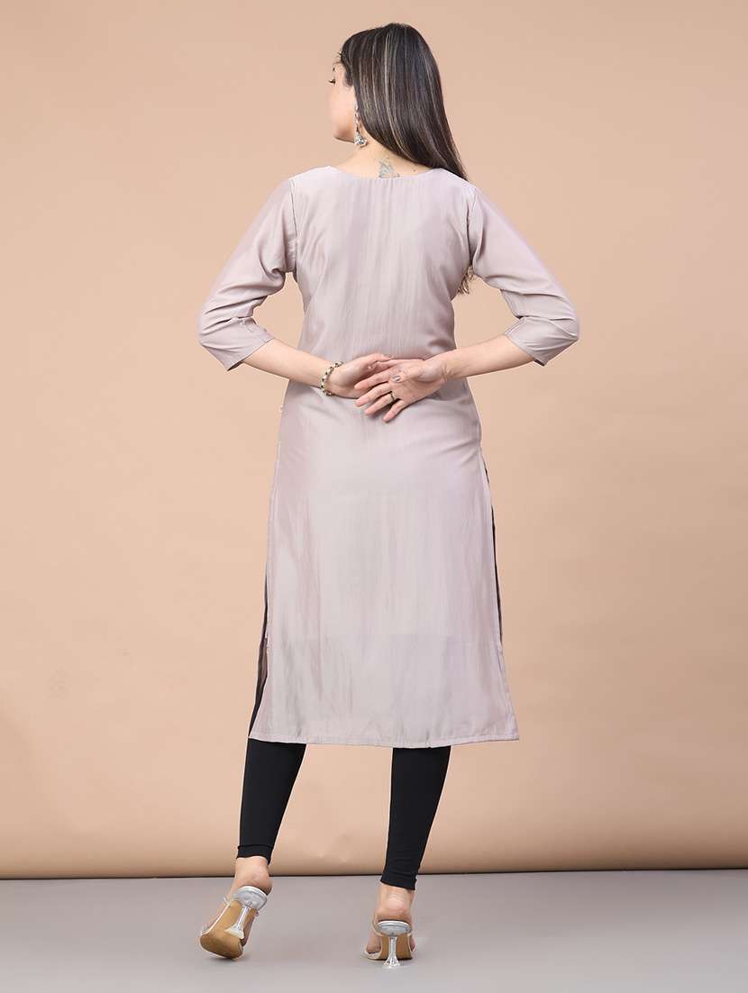 women solid with work three quarter sleeve straight kurta - 22035681 -  Standard Image - 4