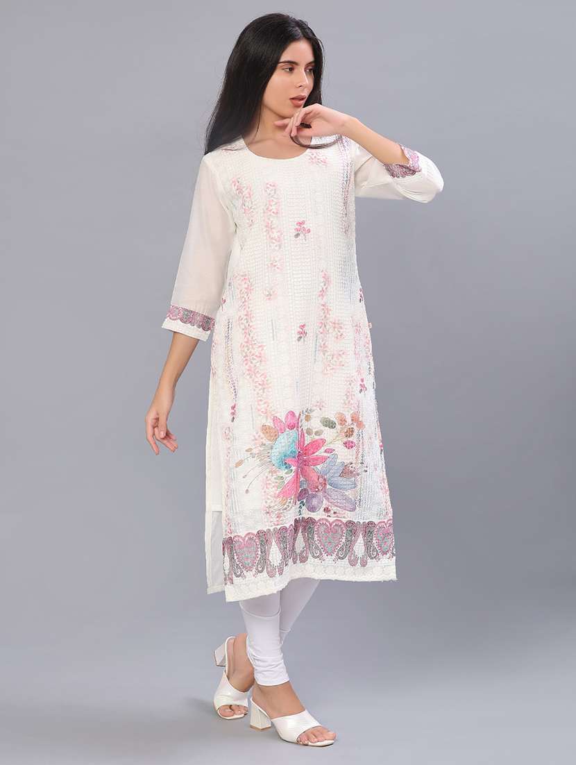 women floral three quarter sleeve straight kurta - 22035900 -  Standard Image - 1