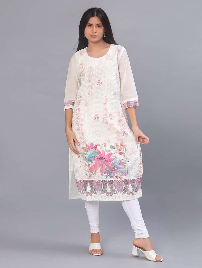 women floral three quarter sleeve straight kurta - 22035900 -  Standard Image - 4