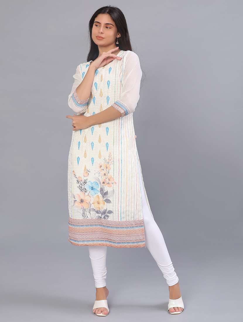 women solid with work three quarter sleeve straight kurta - 22035901 -  Standard Image - 4