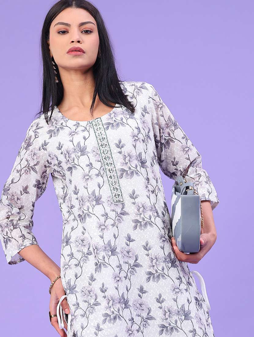 women floral printed three quarter sleeve straight kurta - 22035974 -  Standard Image - 1