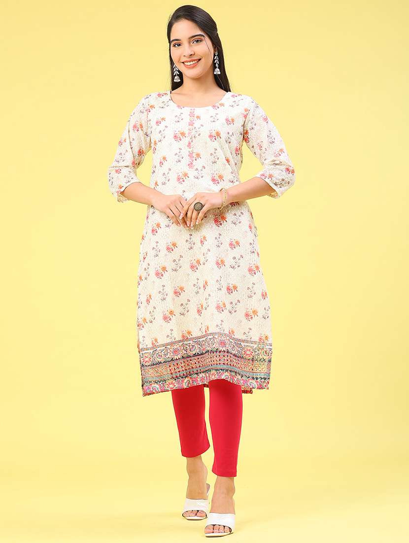 women floral printed three quarter sleeve straight kurta - 22035976 -  Standard Image - 1