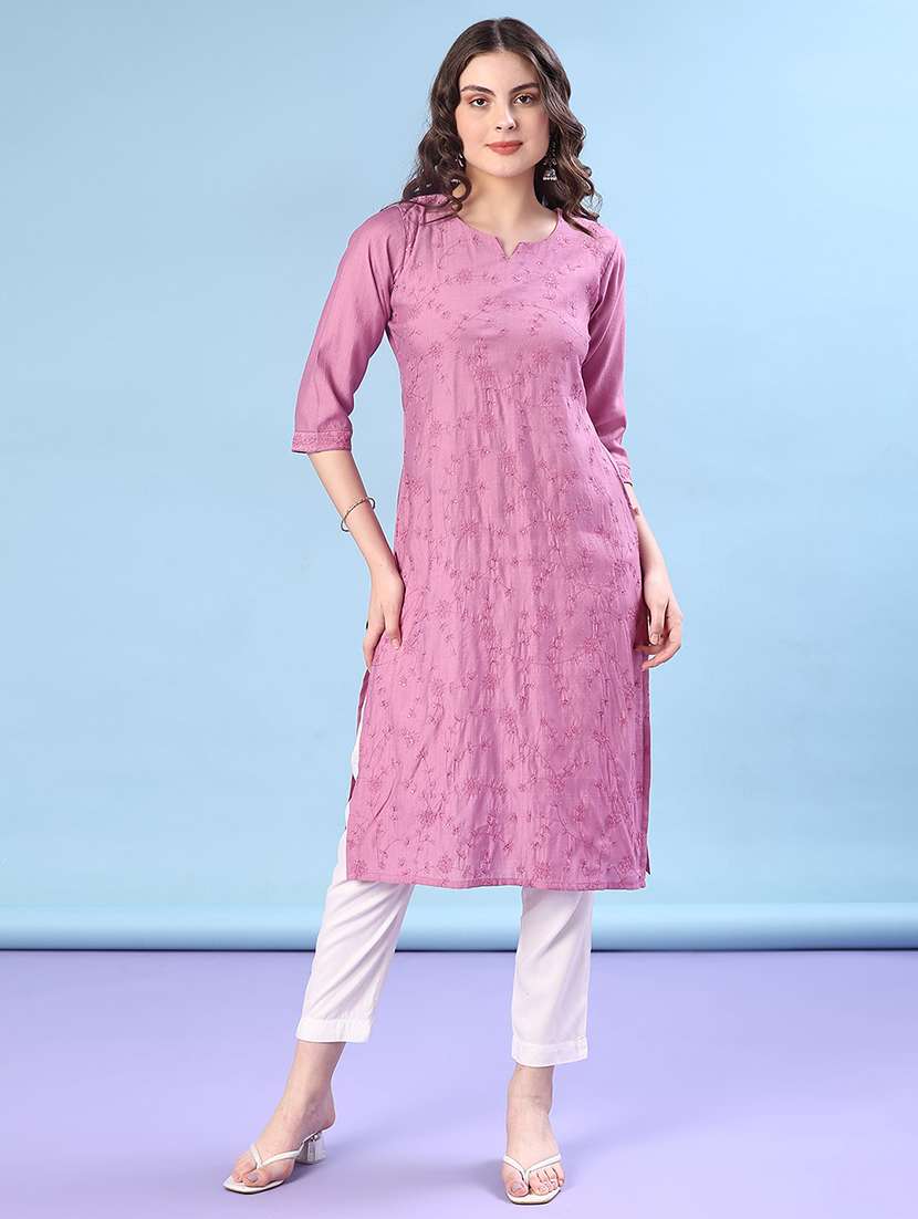 women solid with work three quarter sleeve straight kurta - 22036020 -  Standard Image - 1