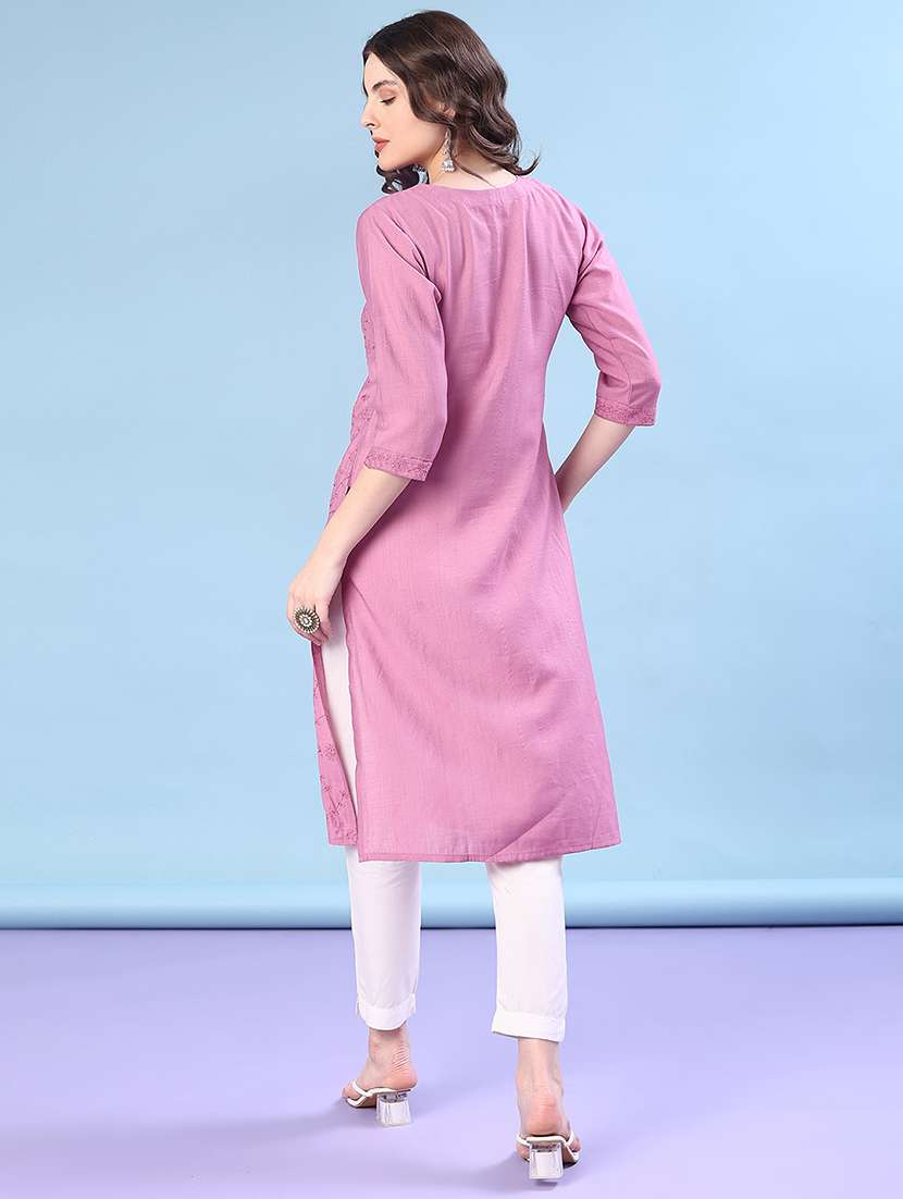 women solid with work three quarter sleeve straight kurta - 22036020 -  Standard Image - 4