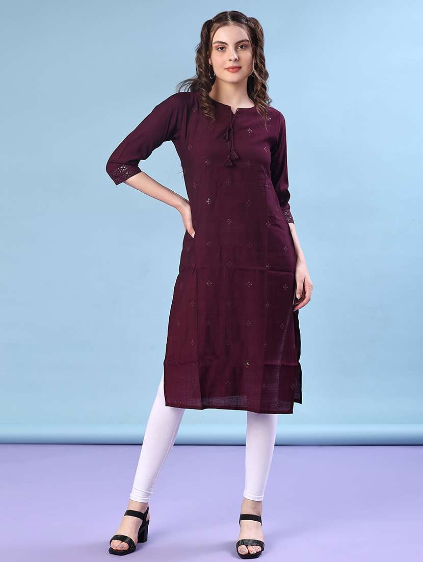 women solid with work three quarter sleeve straight kurta - 22036021 -  Standard Image - 1