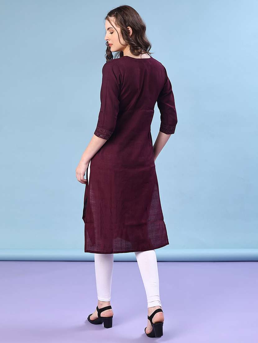 women solid with work three quarter sleeve straight kurta - 22036021 -  Standard Image - 4