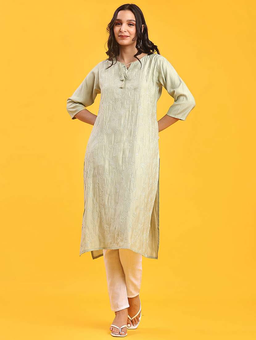 women solid with work three quarter sleeve straight kurta - 22036022 -  Standard Image - 1