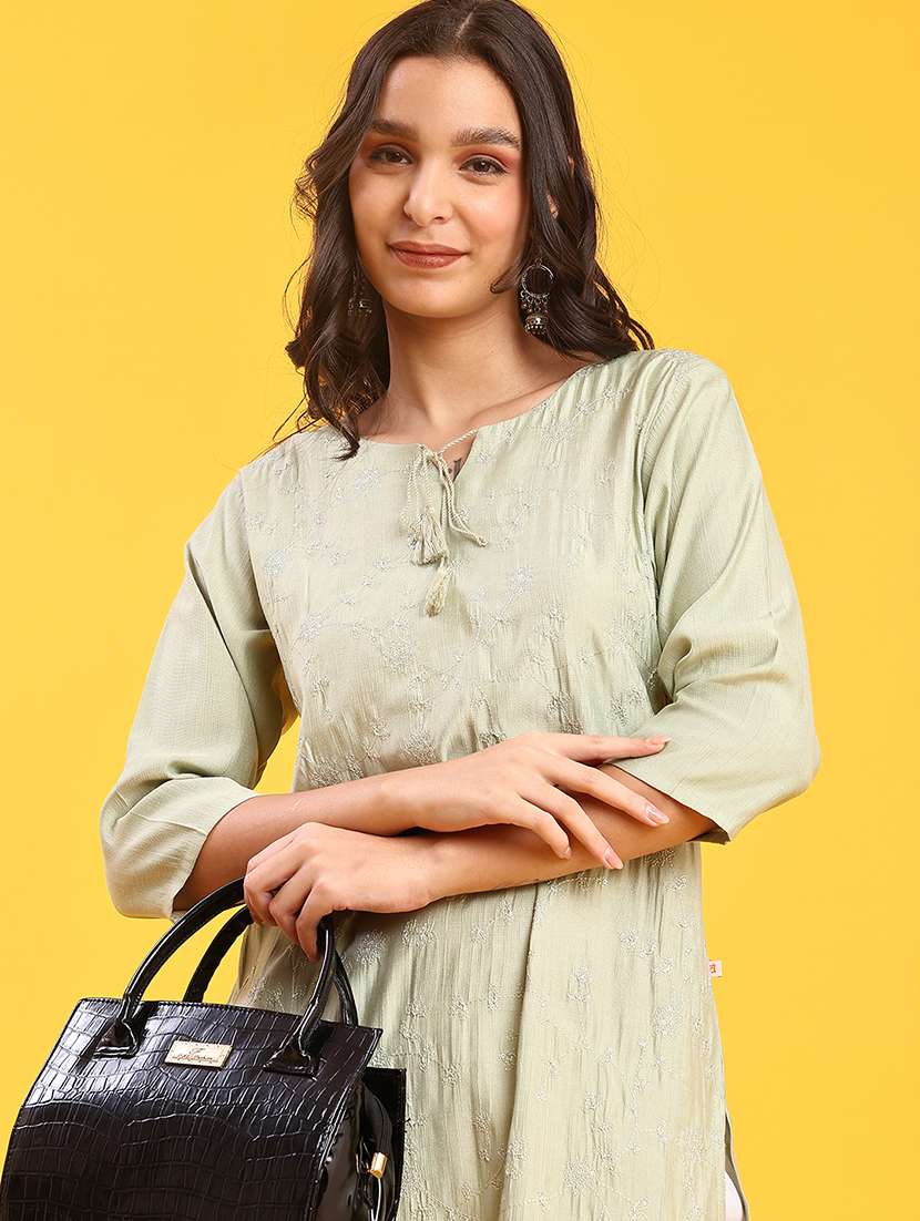 women solid with work three quarter sleeve straight kurta - 22036022 -  Standard Image - 4