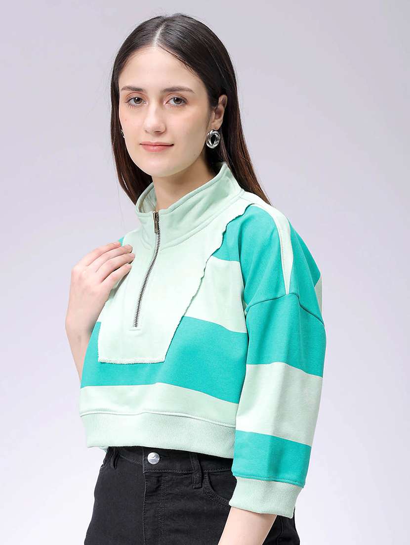 women striped stand collar cropped sweatshirt - 22036503 - Standard Image - 1