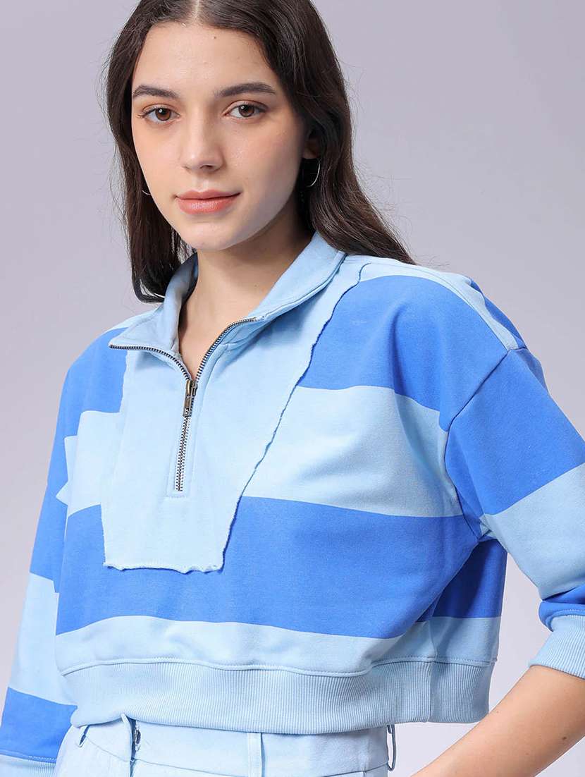 women striped stand collar cropped sweatshirt - 22036504 - Standard Image - 1