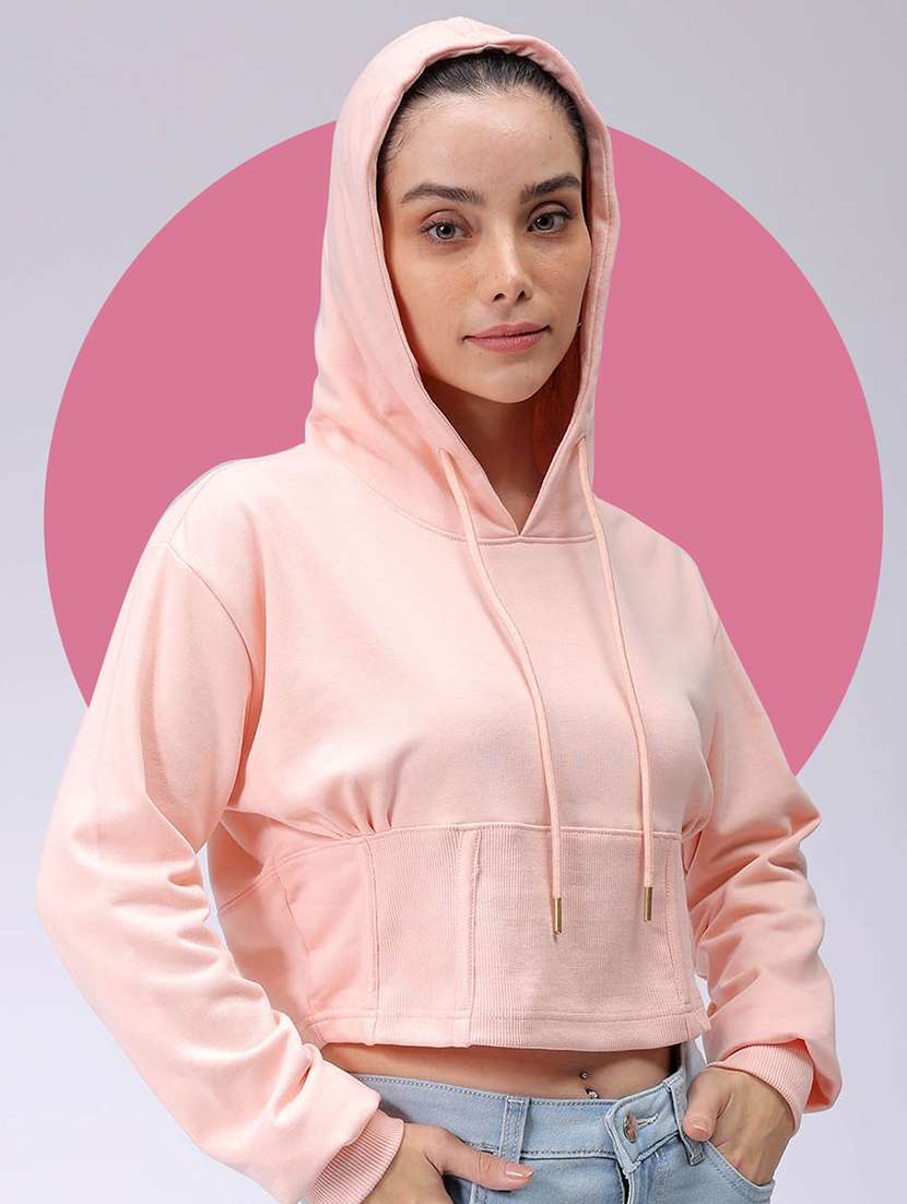 women solid long sleeve hooded cropped sweatshirt