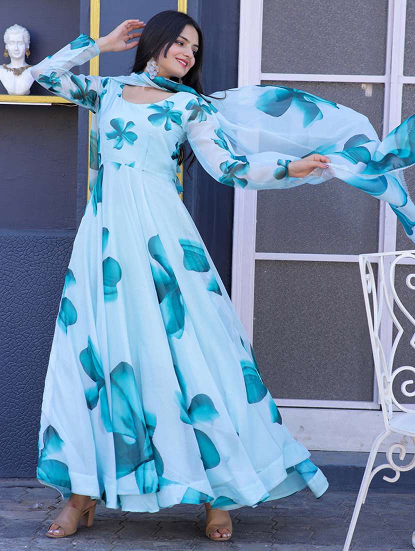 women floral print long sleeve anarkali kurta and dupatta set