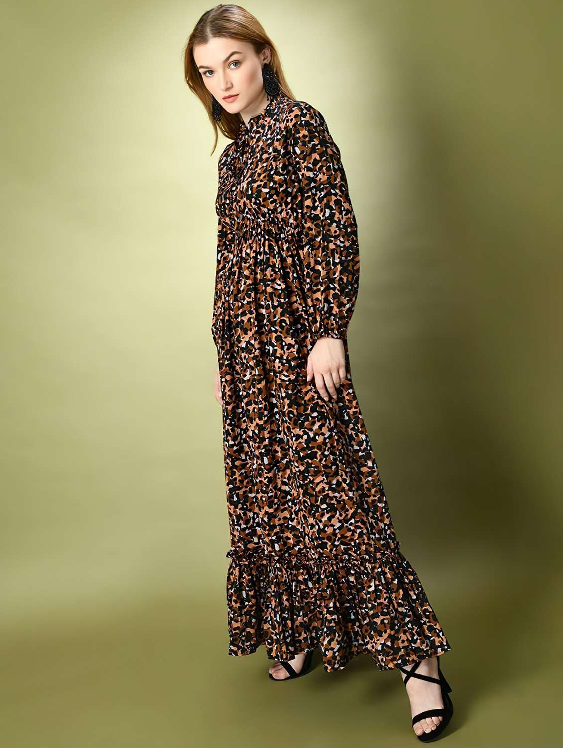 women animal print long sleeve tiered dress - 22036662 -  Standard Image - 1