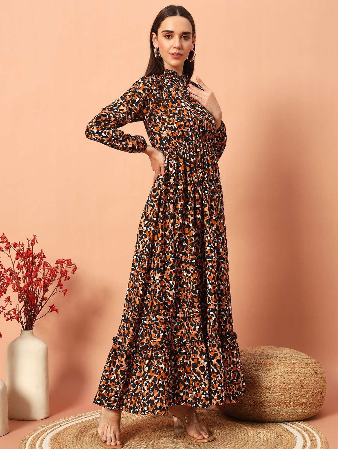 women animal print long sleeve tiered dress - 22036674 -  Standard Image - 1
