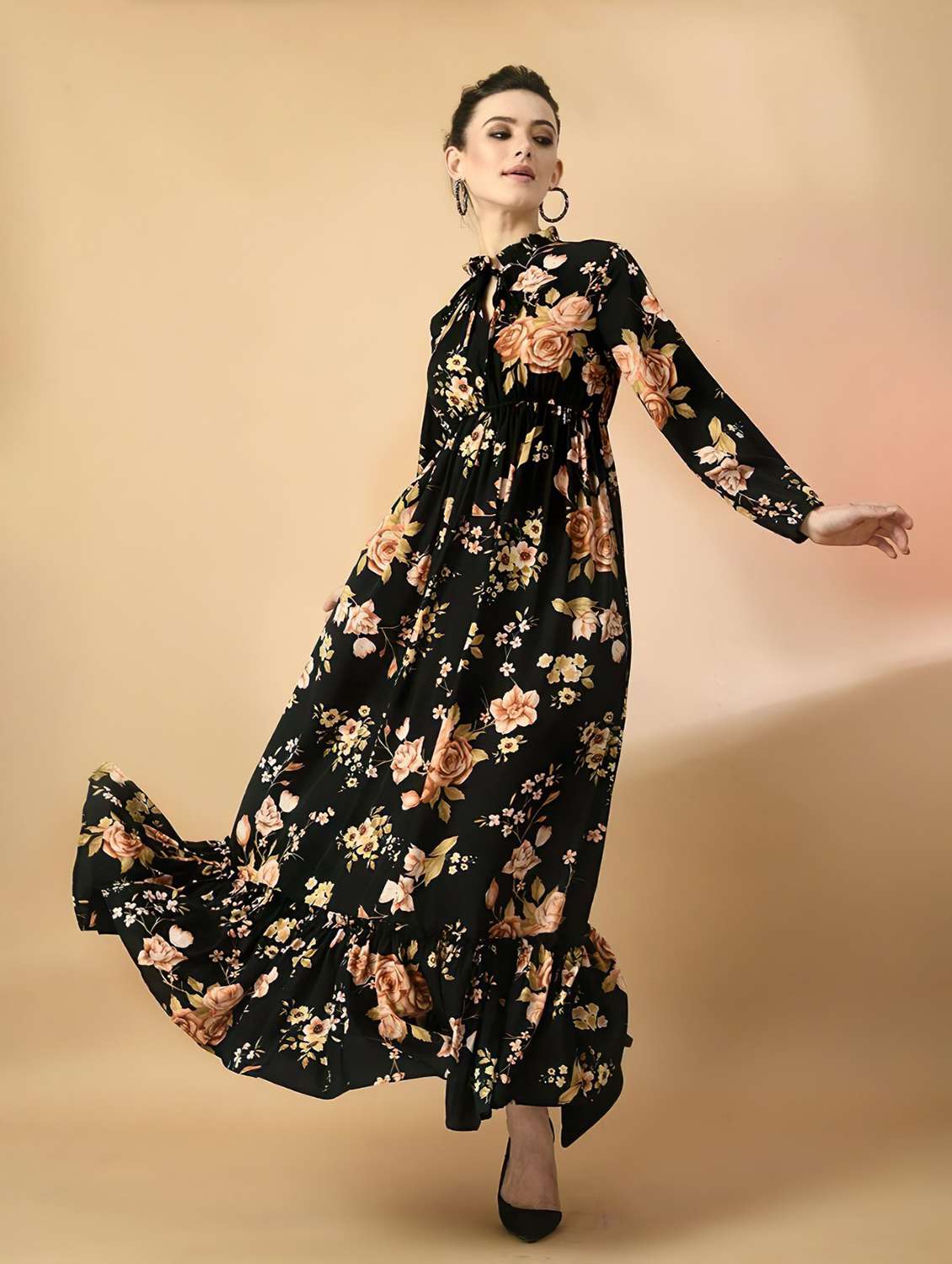 women floral printed long sleeve tiered maxi dress - 22036723 - Standard Image - 1