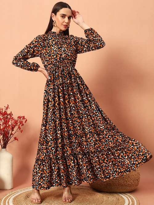 women animal printed long sleeve tiered maxi dress - 22036730 - Standard Image - 0