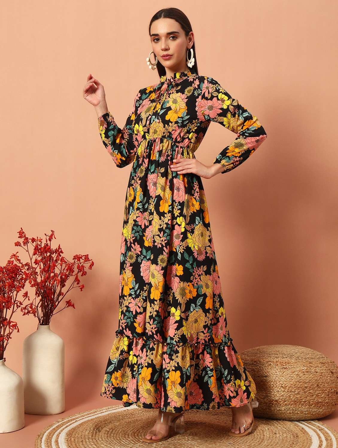 women floral printed long sleeve tiered maxi dress - 22036734 -  Standard Image - 1
