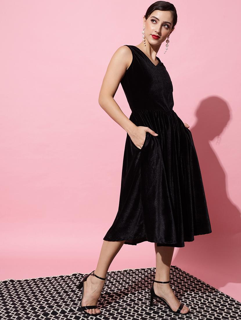 women solid sleeveless velvet fit & flare dress - 22036908 - Standard Image - 1