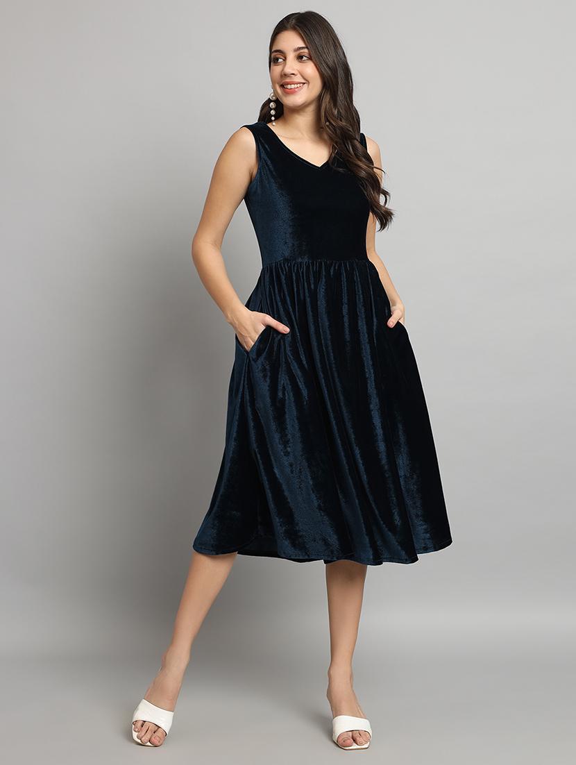 women solid sleeveless velvet fit & flare dress - 22036911 - Standard Image - 1