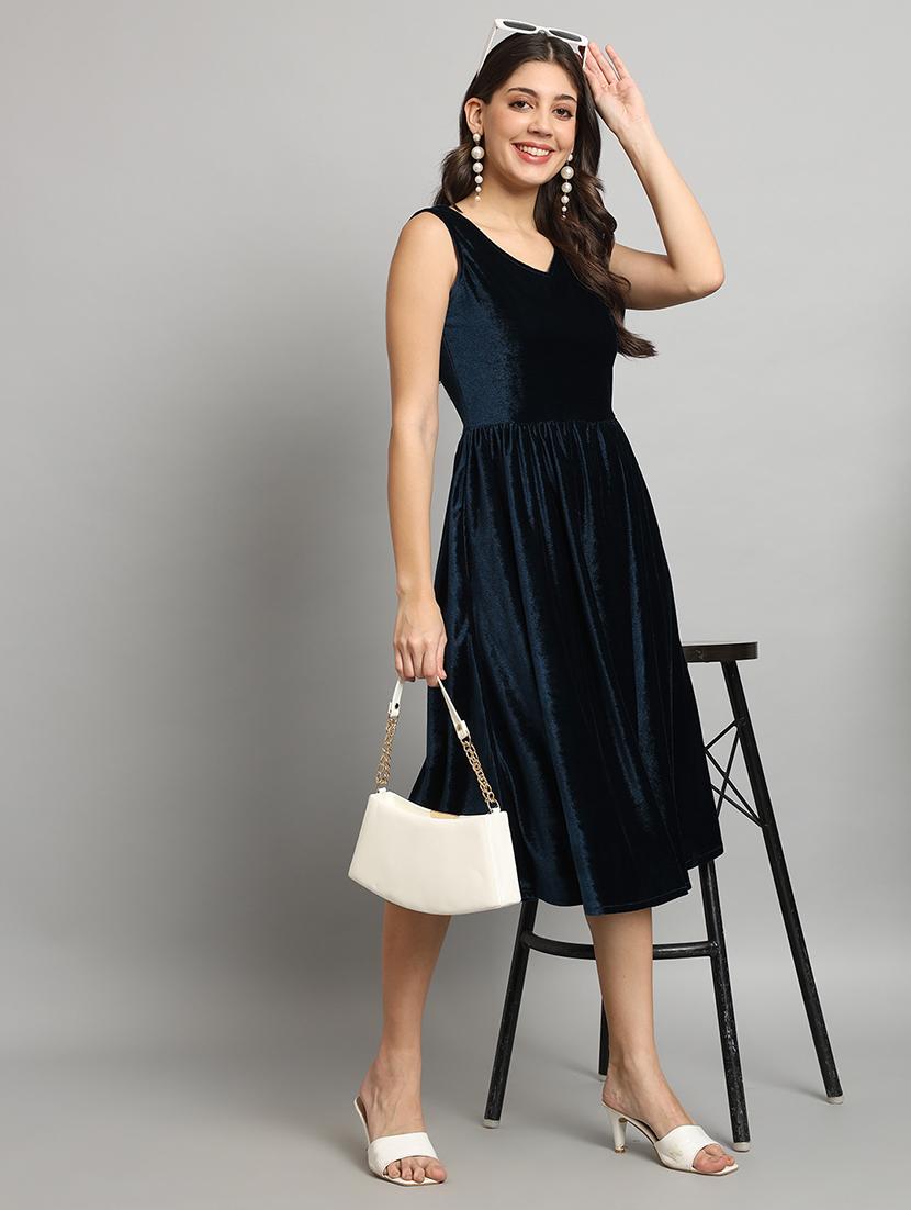 women solid sleeveless velvet fit & flare dress - 22036911 - Standard Image - 4