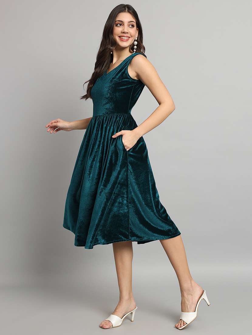women solid sleeveless velvet fit & flare dress - 22036912 -  Standard Image - 1