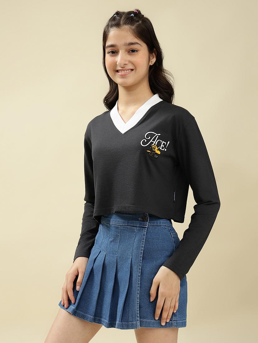girls printed long sleeve crop top - 22036934 - Standard Image - 1