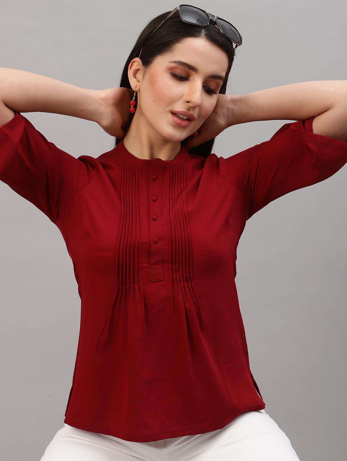 women maroon solid mandarin neck regular top - 22036964 - Standard Image - 1