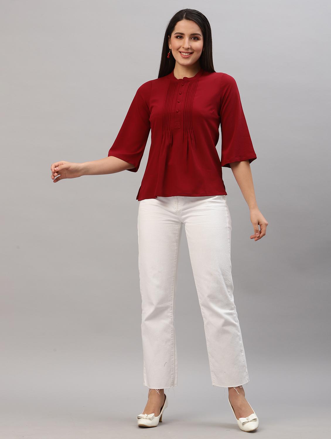 women maroon solid mandarin neck regular top - 22036964 - Standard Image - 4