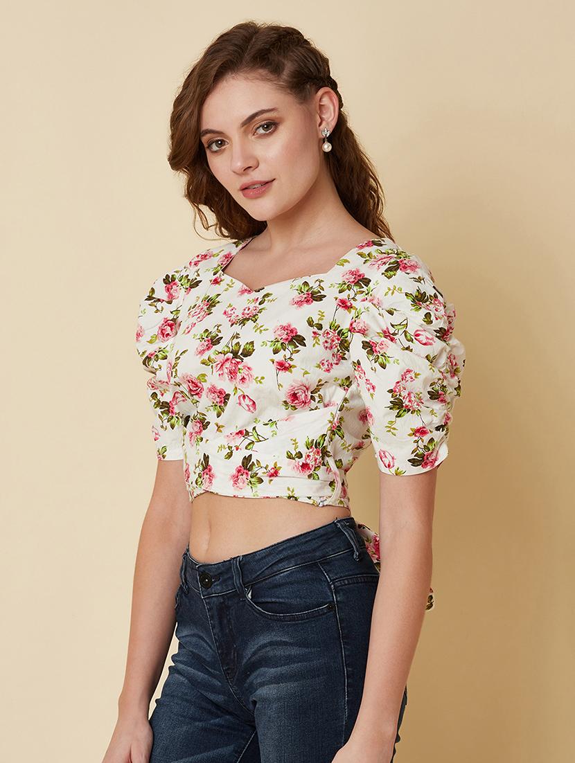 women floral print puff sleeve crop top - 22036965 - Standard Image - 1