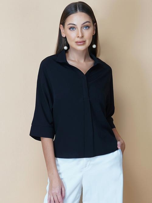 women black solid bell sleeve collared regular top - 22036966 -  Standard Image - 0