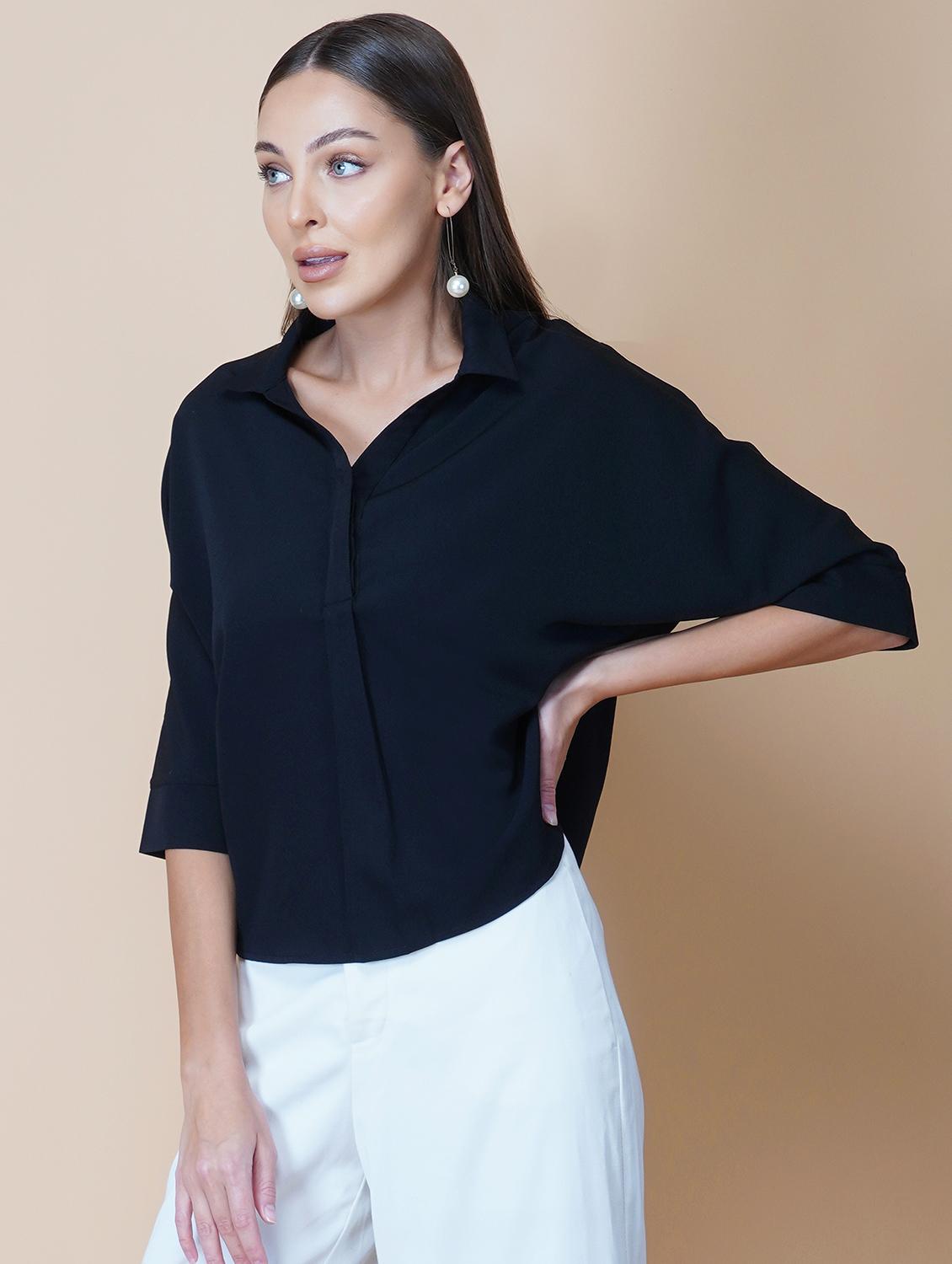 women black solid bell sleeve collared regular top - 22036966 - Standard Image - 1