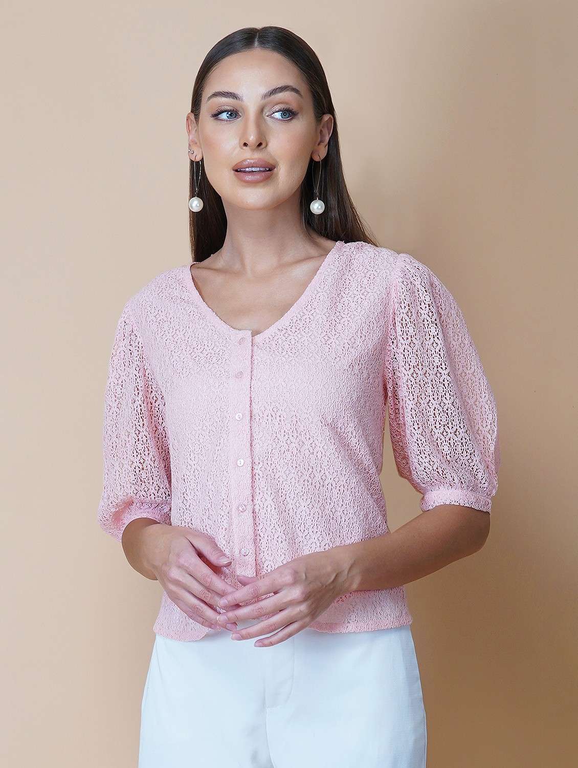 women pink solid puff sleeve laced regular top