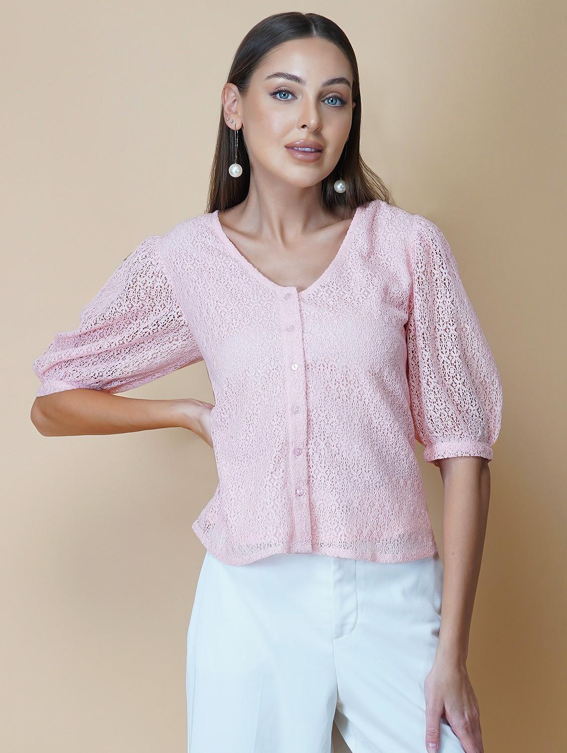 women pink solid puff sleeve laced regular top - 22036968 -  Standard Image - 1