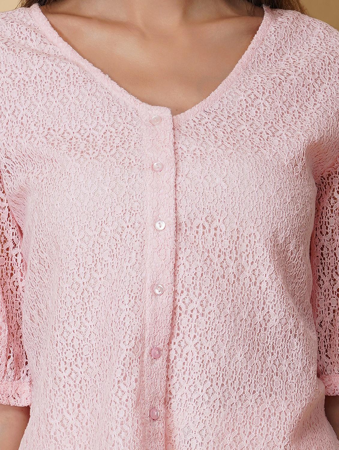 women pink solid puff sleeve laced regular top - 22036968 - Standard Image - 4