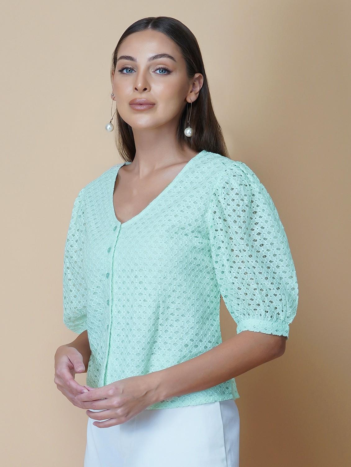 women solid puff sleeve laced regular top - 22036969 -  Standard Image - 1