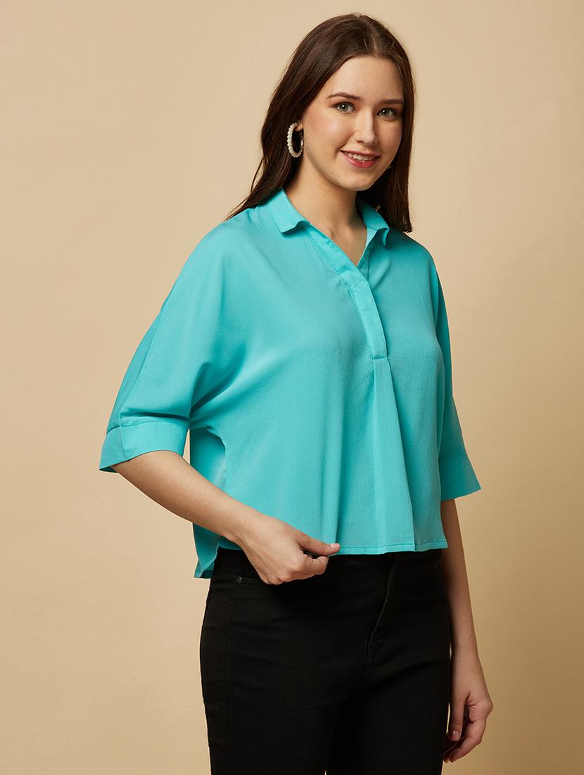 women solid collared bell sleeve shirt style top - 22036970 - Standard Image - 1