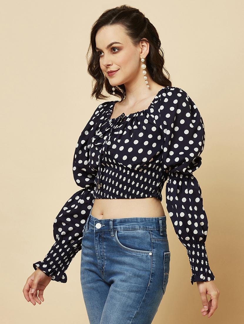 women black polka doted puff sleeve crop top - 22036971 - Standard Image - 1