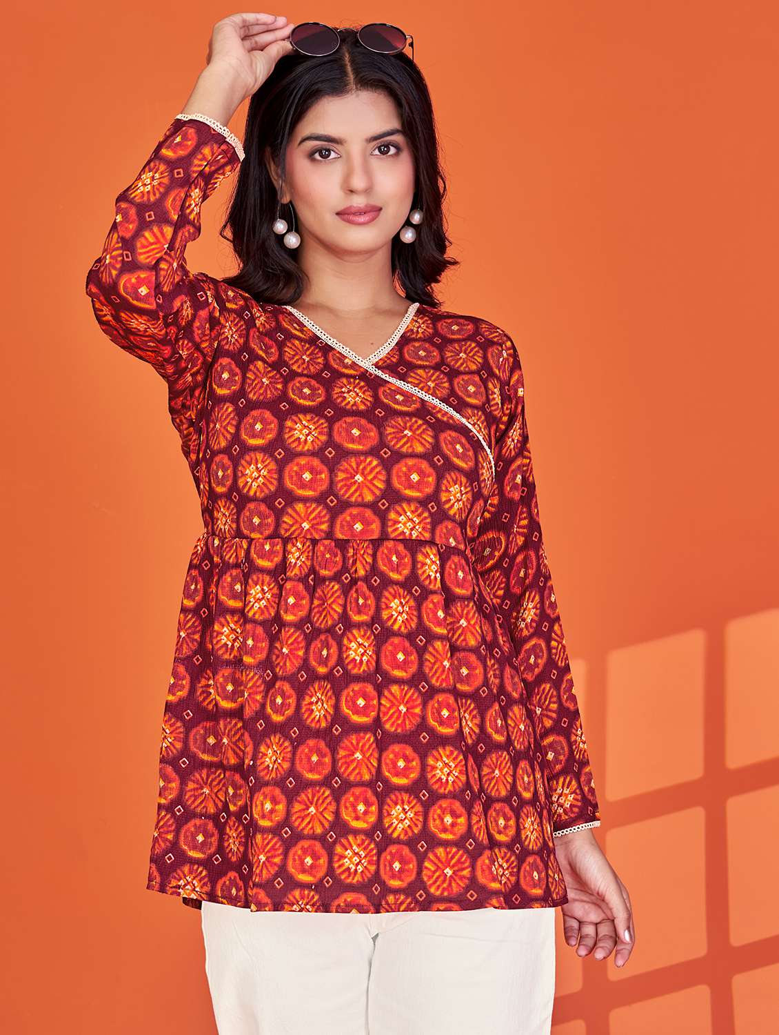 women printed long sleeve angrakha kurti