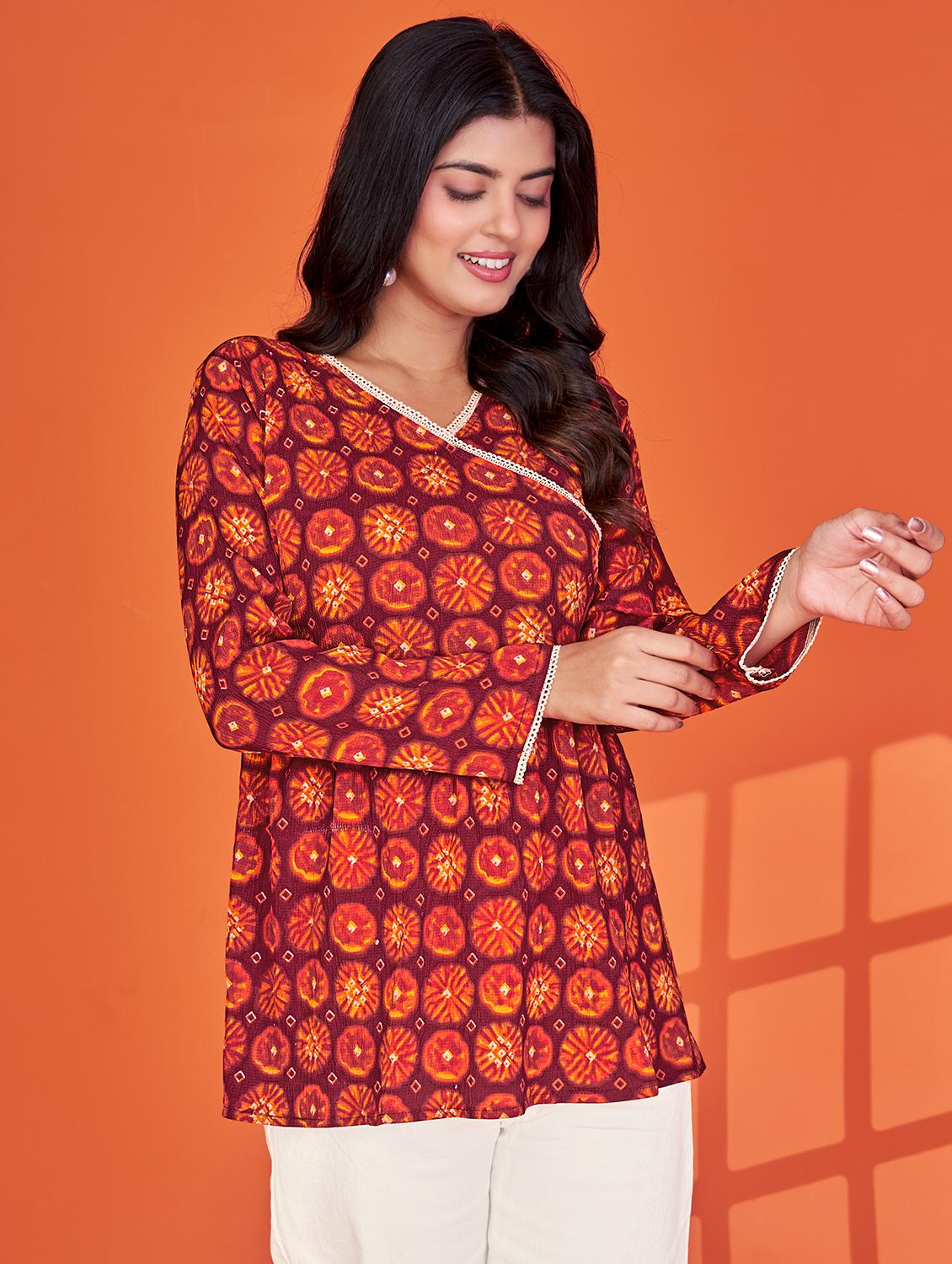 women printed long sleeve angrakha kurti - 22036973 -  Standard Image - 1