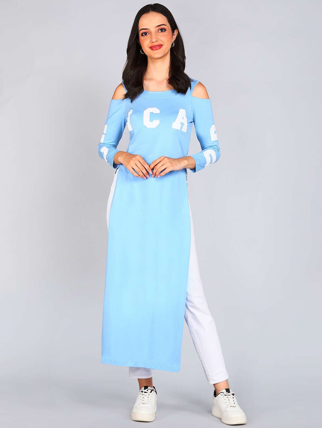 women printed cold shoulder high slit tunic - 22036978 -  Standard Image - 1