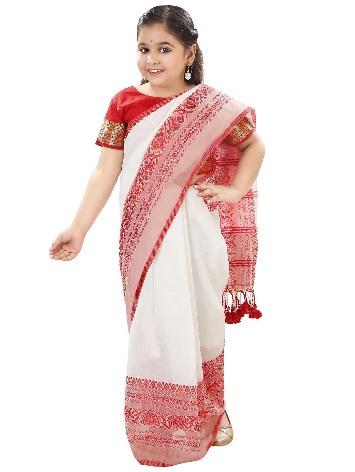girls white printed bordered saree