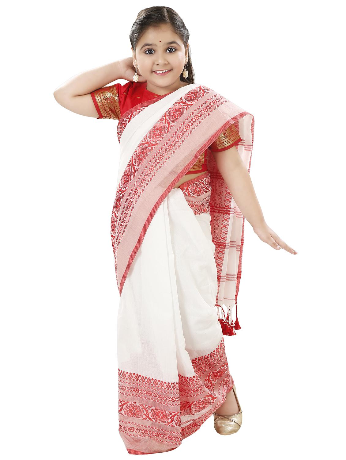 girls white printed bordered saree - 22036991 -  Standard Image - 1