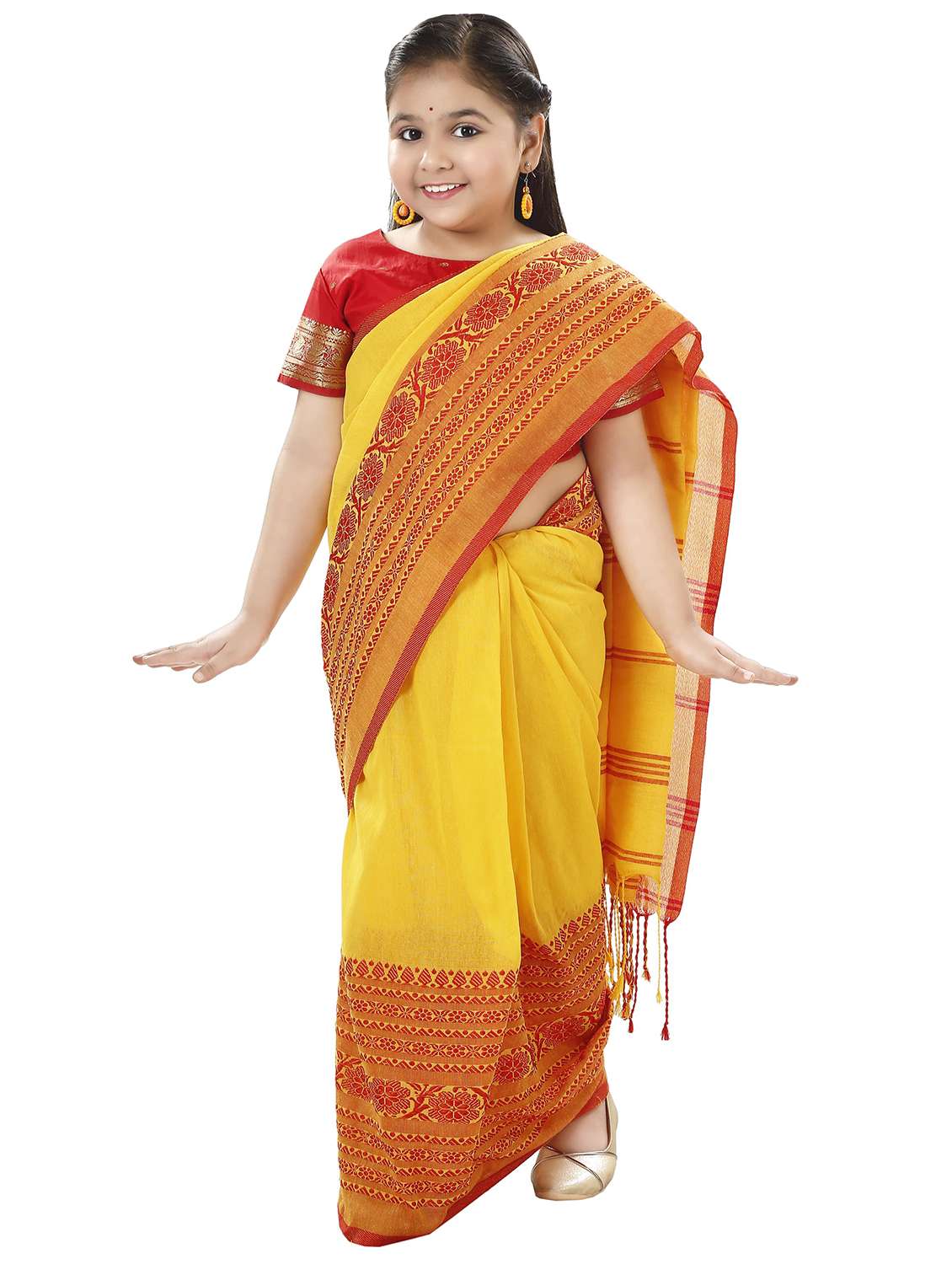 girls yellow printed bordered saree