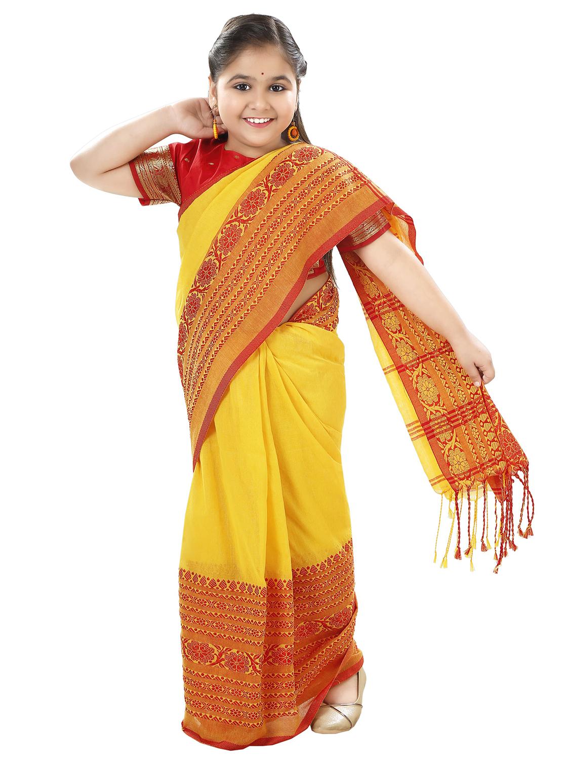 girls yellow printed bordered saree - 22036992 -  Standard Image - 1