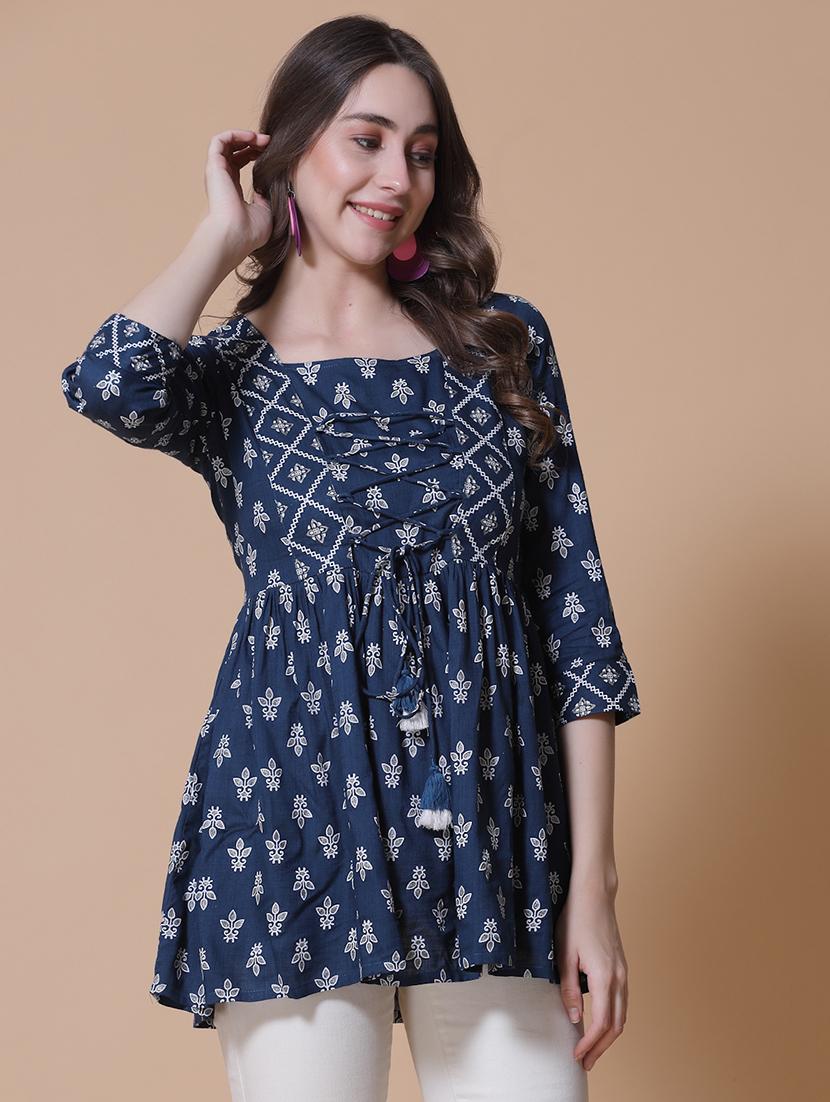 women printed three quarter sleeve flared kurti - 22036994 -  Standard Image - 1