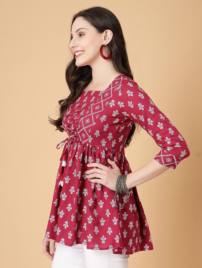 women printed three quarter sleeve flared kurti - 22036996 - Standard Image - 1