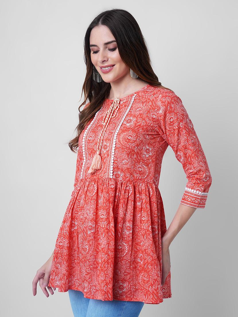 women printed three quarter sleeve flared kurti - 22036997 -  Standard Image - 1