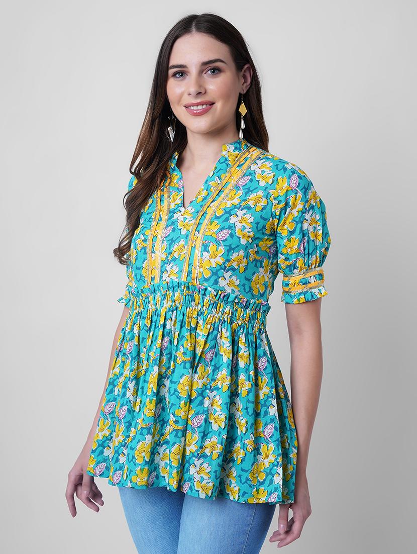 women floral print puff sleeve flared kurti - 22036998 - Standard Image - 1