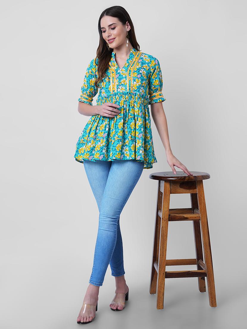 women floral print puff sleeve flared kurti - 22036998 - Standard Image - 4